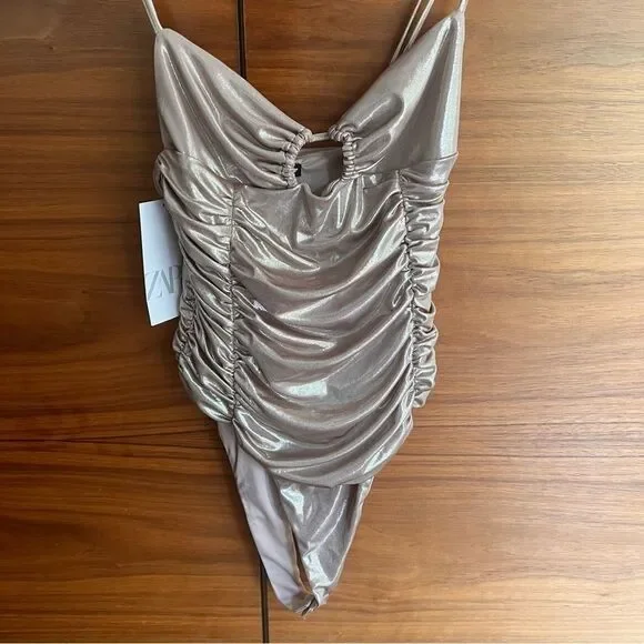 NWT Zara Metallic Gold Ruched Liquid Bodysuit with Cutout Medium 7818/384/303 - Picture 7 of 13